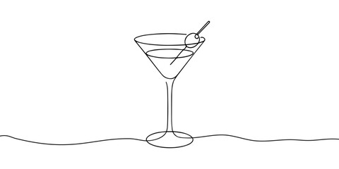 One line continuous cocktail wine glass symbol concept. Silhouette of alcoholic drink vermouth olive. Digital white single line sketch drawing vector illustration © Emilia