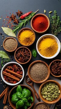 Assortment of colorful spices and herbs including turmeric, paprika, cumin, cinnamon, basil, and star anise in wooden bowls on dark background
