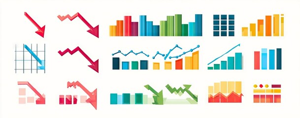 Collection of colorful charts and graphs illustrating various trends, including upward and downward movements, growth and decline
