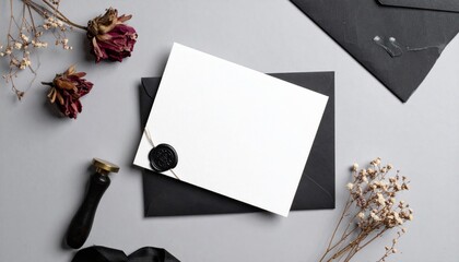 Elegant Gray Background with Invitation Card Black Envelope Wax Seal and Flowers