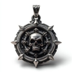Naklejka premium Intricately Designed Silver Pendant Featuring a Skull Surrounded by Spikes and Crossbones, Perfect for Adding an Edgy Touch to Any Accessory Collection