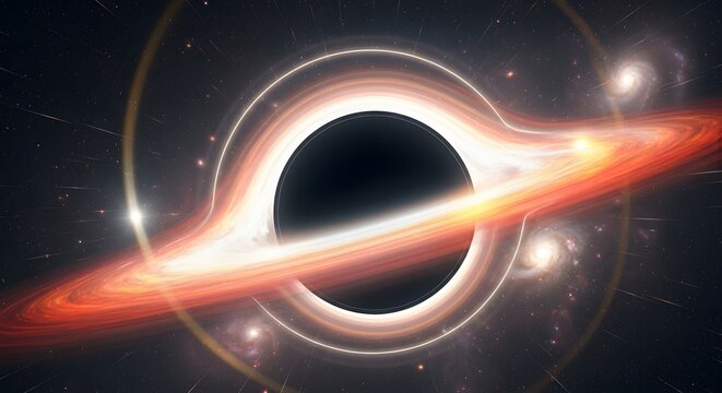 A computer generated rendering of a black hole with an accretion disk in deep space