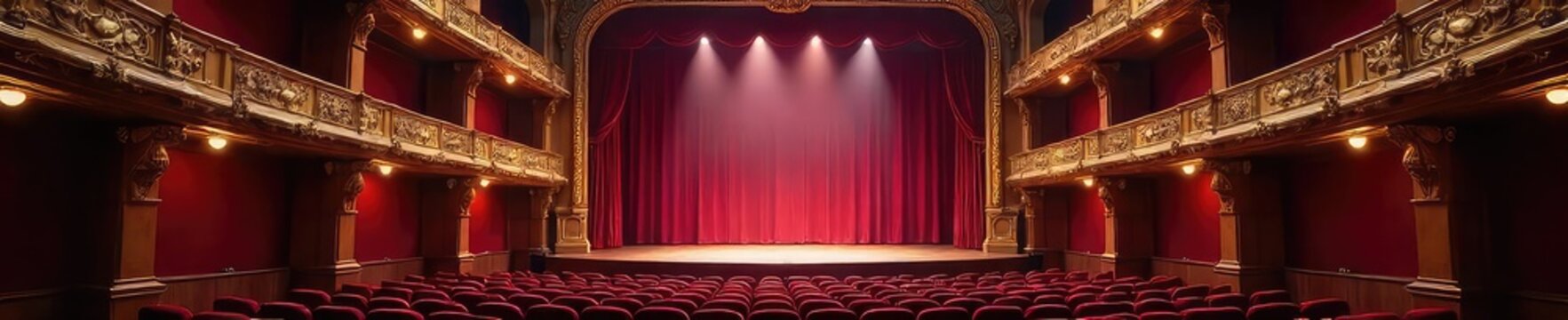A grand, ornate theater interior, empty stage bathed in soft light, plush velvet seating visible, ready for a performance , opera, architecture, theatrical