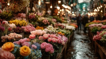 Flower market filled with vibrant floral displays and shoppers browsing