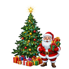 Fototapeta premium Santa with a Full Christmas Tree and Colorful Gift Presents