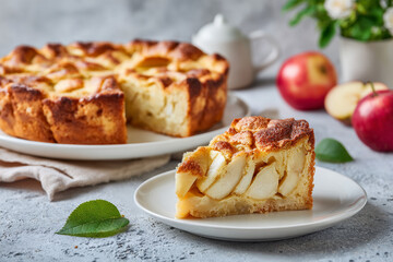 Delicious apple cake a slice on a plate with whole apples in the background a sweet treat