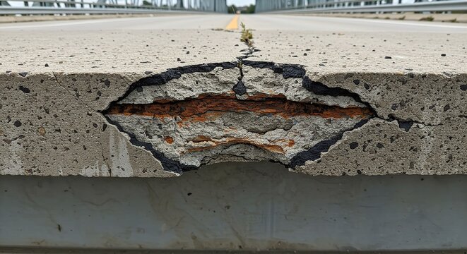 Close up showing damaged concrete bridge with exposed corroded rebar and surface cracks on a sunny day