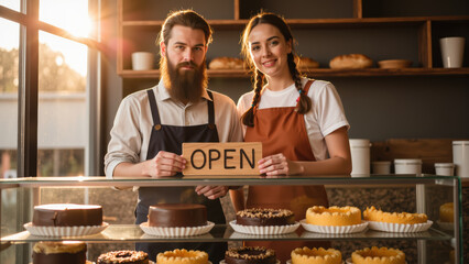 Cozy bakery with two smiling staff members holding OPEN sign, surrounded by delicious cakes and pastries, inviting customers in