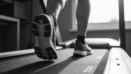 Person exercising on treadmill, showcasing athletic shoes and focus on fitness. image captures moment of determination and health