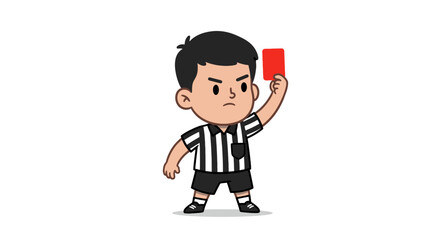 Angry cartoon football referee in a striped uniform holding up a red penalty card.