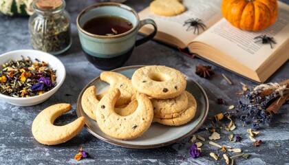 Naklejka premium Halloween Themed Still Life with Moon Shaped Cookies Tea and Small Pumpkin on a Dark Table