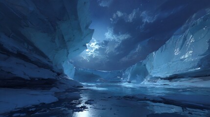 Frozen river valley bathed in moonlight, with icy cliffs under cloudy sky