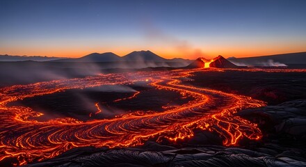 Fototapeta premium A mesmerizing view of flowing lava from a volcano eruption at dusk, icelands geothermal landscape