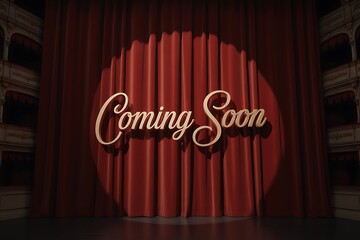 Dramatic theatrical stage with rich red velvet curtains and elegant "Coming Soon" lettering illuminated by a spotlight, hinting at grand openings and exciting reveals.