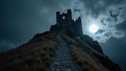 Fototapeta premium Ancient castle ruins on hill under dramatic sky, illuminated by full moon, creating mysterious atmosphere