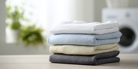 Neatly folded clothing in clean laundry room setting