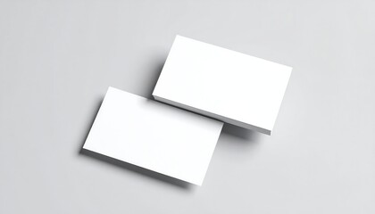 Two blank rectangular cards lie angled on a light grey background, casting subtle shadows