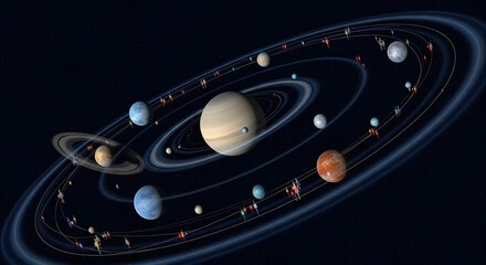Detailed illustration of our solar system, showcasing planets, asteroid belts, and orbital paths