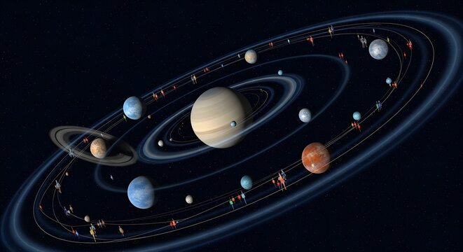 Detailed illustration of our solar system, showcasing planets, asteroid belts, and orbital paths