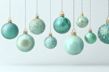 Obraz premium Elegant teal and gold Christmas ornaments hanging against a light background
