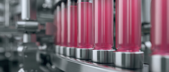 Futuristic bottling plant with smart sensors and pink liquid
