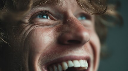 A young man's face expressing pure joy and happiness with striking details