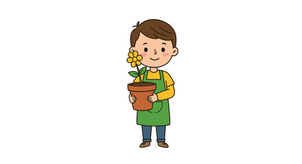 Cute cartoon boy in a green apron holding a potted yellow flower with a gentle smile.