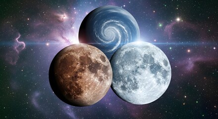 Fototapeta premium Three planets in space with a nebula background, creating a surreal and fantastical scene