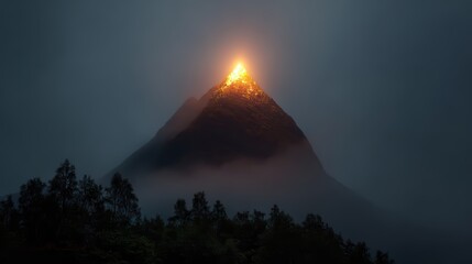 Dramatic mountain peak at dawn with golden light illuminating snow-covered summit, misty coniferous forest, and rugged volcanic terrain under moody blue sky