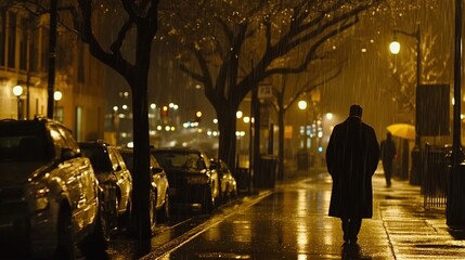 Silhouette of Pedestrian on City Street in Rainy Night, Atmospheric Urban Night View Material