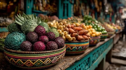 Fresh produce at market with shoppers and colorful woven baskets