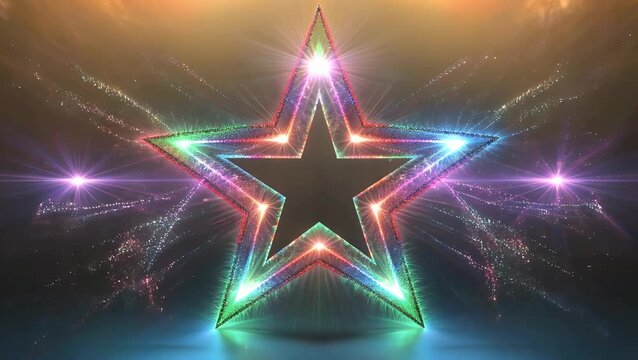 dynamic 4k abstract 3d seamless loop showing star symbol emerging from multicolor high speed particles forming luminous glowing storm like patterns then slowly fading ideal for futuristic motion