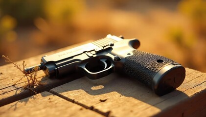 Obraz premium A scorching summer day, a lone handgun rests on a sun-baked wooden surface, heat shimmering in the air The scene evokes themes of heat, dryness, and the stillness of summer , blazing, still life, sun