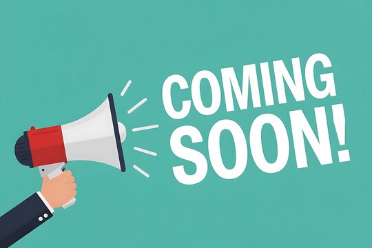 Exciting announcement incoming with a hand holding a megaphone, signaling something special is about to arrive for eager audiences