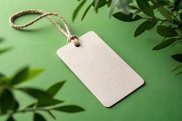 Blank paper tag with string on green background surrounded by green leaves