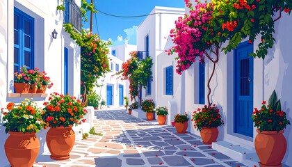 Calle mediterránea con casas blancas, puertas azules y buganvillas en flor