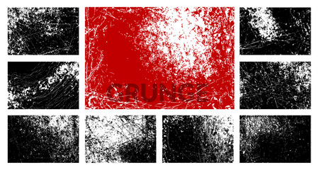 Set of vector grunge overlays with scratched distressed textures, shown in black and white with a red demo example for creative design, posters, street art, and urban style projects.