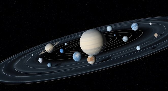 A detailed rendering of the solar system with planets, moons, and asteroid belts in space