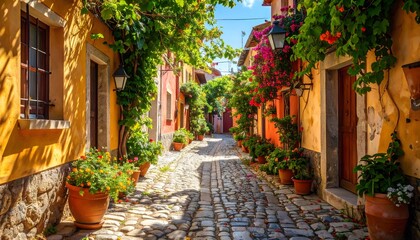 Fototapeta premium Callejón empedrado con casas de colores y macetas con flores en pueblo mediterráneo