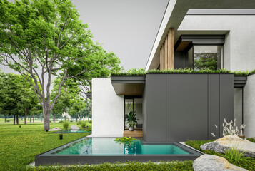 3d rendering of two-story house with parking and pool for sale or rent with concrete facade and beautiful landscaping. Cloudy white sky overcast, soft shadows