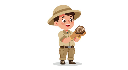 Happy cartoon boy paleontologist in a safari hat and khaki uniform holding a dinosaur fossil.
