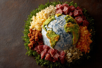 Globe shaped dish surrounded by various meats and cheeses