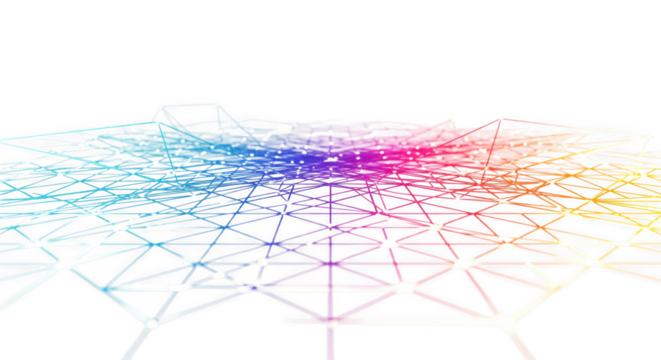 Geometric abstraction with vibrant color gradient, interconnected network grid design