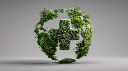 Green globe with a cross symbolizing health and wellness made from lush plants and foliage in a minimalistic background Generative AI