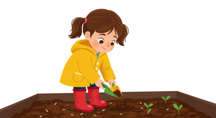 Cheerful Girl in Yellow Raincoat Planting Seeds in Garden