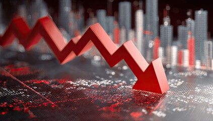 Red arrow pointing down against a blurred urban background. Concept economic decline