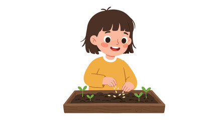 Cheerful child planting seeds in a wooden planter box with sprouts