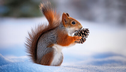 adorable squirrel holding a pine cone in snowy winter wonderland