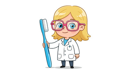 Adorable Cartoon Girl Dentist Holding Large Toothbrush