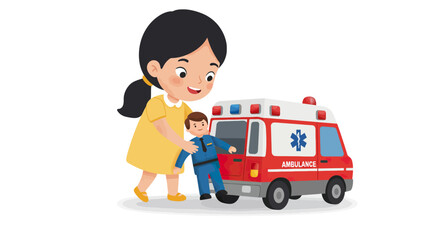 Cartoon girl in yellow dress playing with ambulance and paramedic doll.